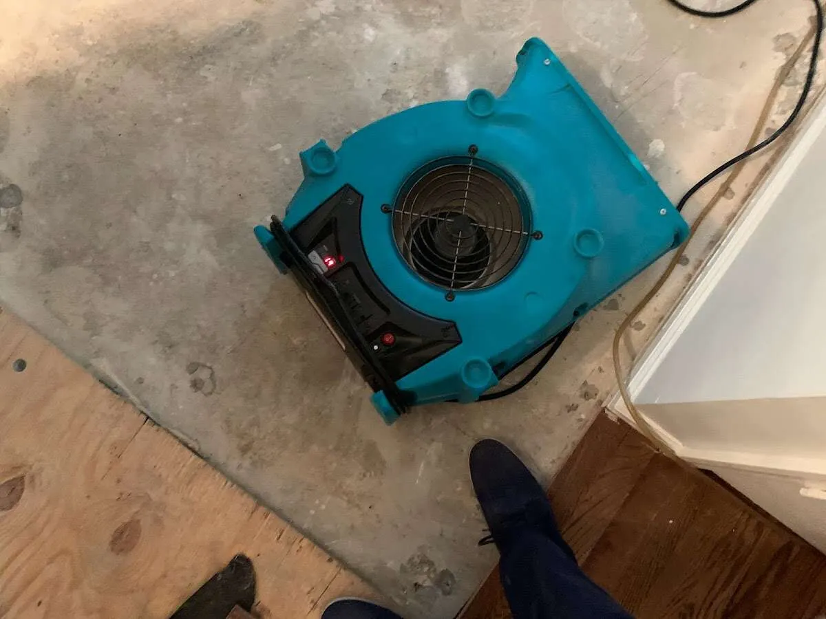 Air mover drying subfloor during Commercial Water Damage Restoration in Lemon Hill